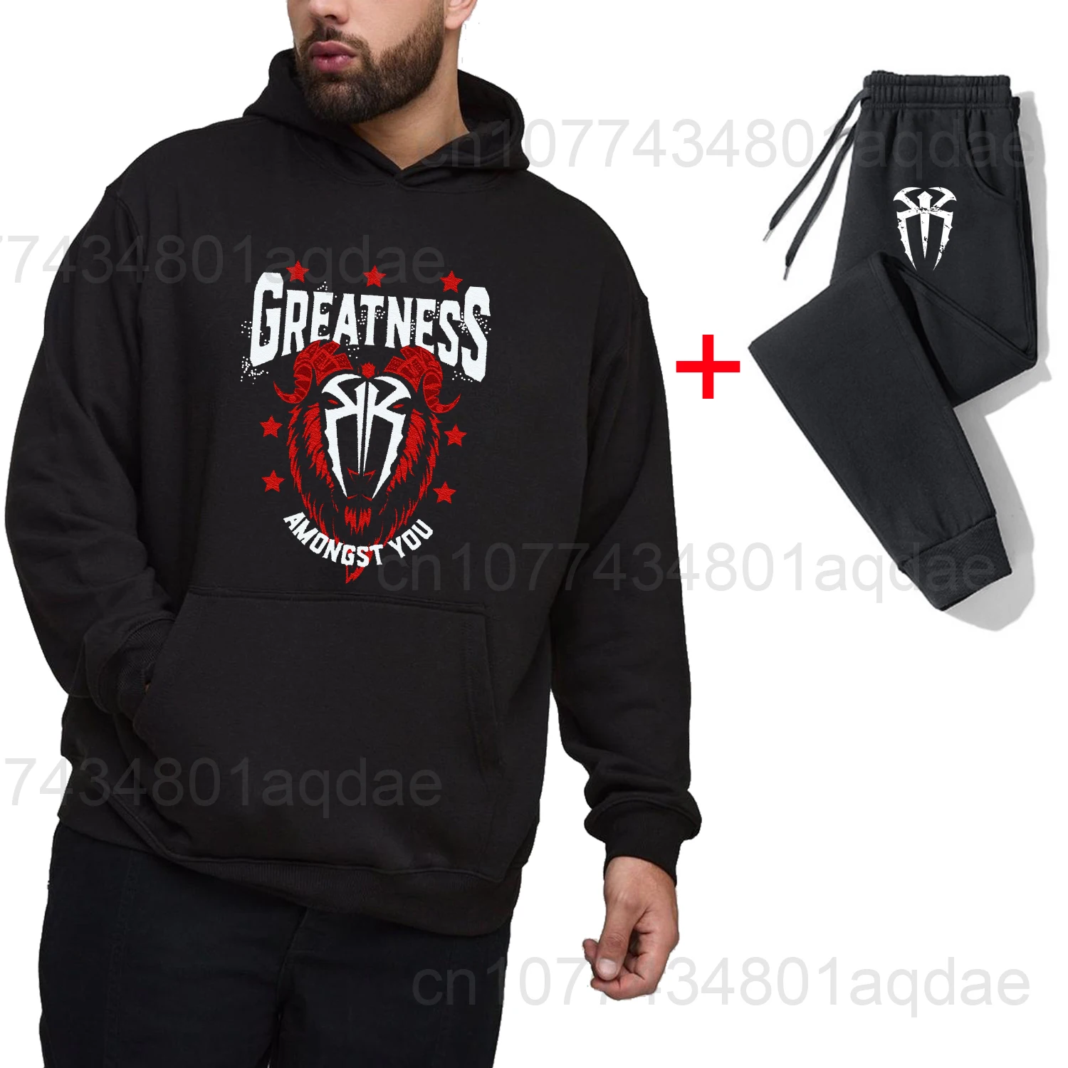 2025 Autumn/Winter New Hot Wrestling Fans Men's Roman Reigns Black pullover casual pants street casual sports fashion black set 3