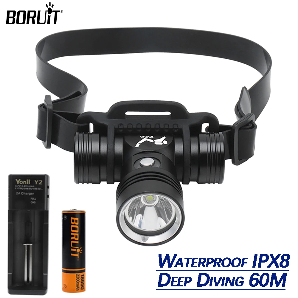 

BORUiT B14 Diving LED Headlamp High Powerful Headlights Deep Diving 60M Headlight Waterproof IPX8 Lamp Fishing Camping Lantern