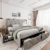 King Bed Frame with 4 Storage Drawers with Charging Station, Modern Wingback Storage Headboard, Platform Bed Frame 1