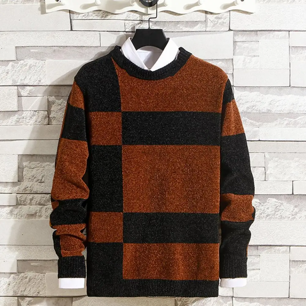 

Slim Fit Sweater Round Neck Sweater Colorblock Knitted Men's Winter Sweaters Thick Soft Stylish Pullovers for Outdoor Comfort
