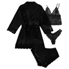 Ensemble pyjama en satin 4 pièces avec robe – Haut de pyjama à bretelles et short avec bordure en dentelle, le pyjama élégant incontournable pour femme