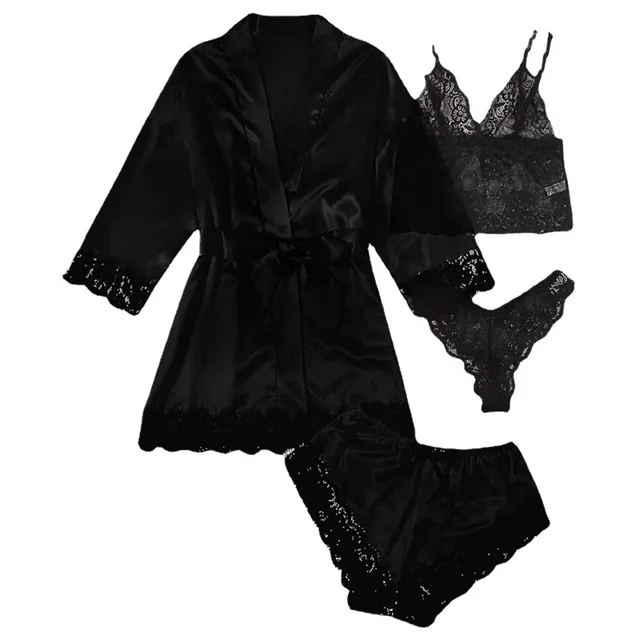 Ensemble pyjama en satin 4 pièces avec robe – Haut de pyjama à bretelles et short avec bordure en dentelle, le pyjama élégant incontournable pour femme