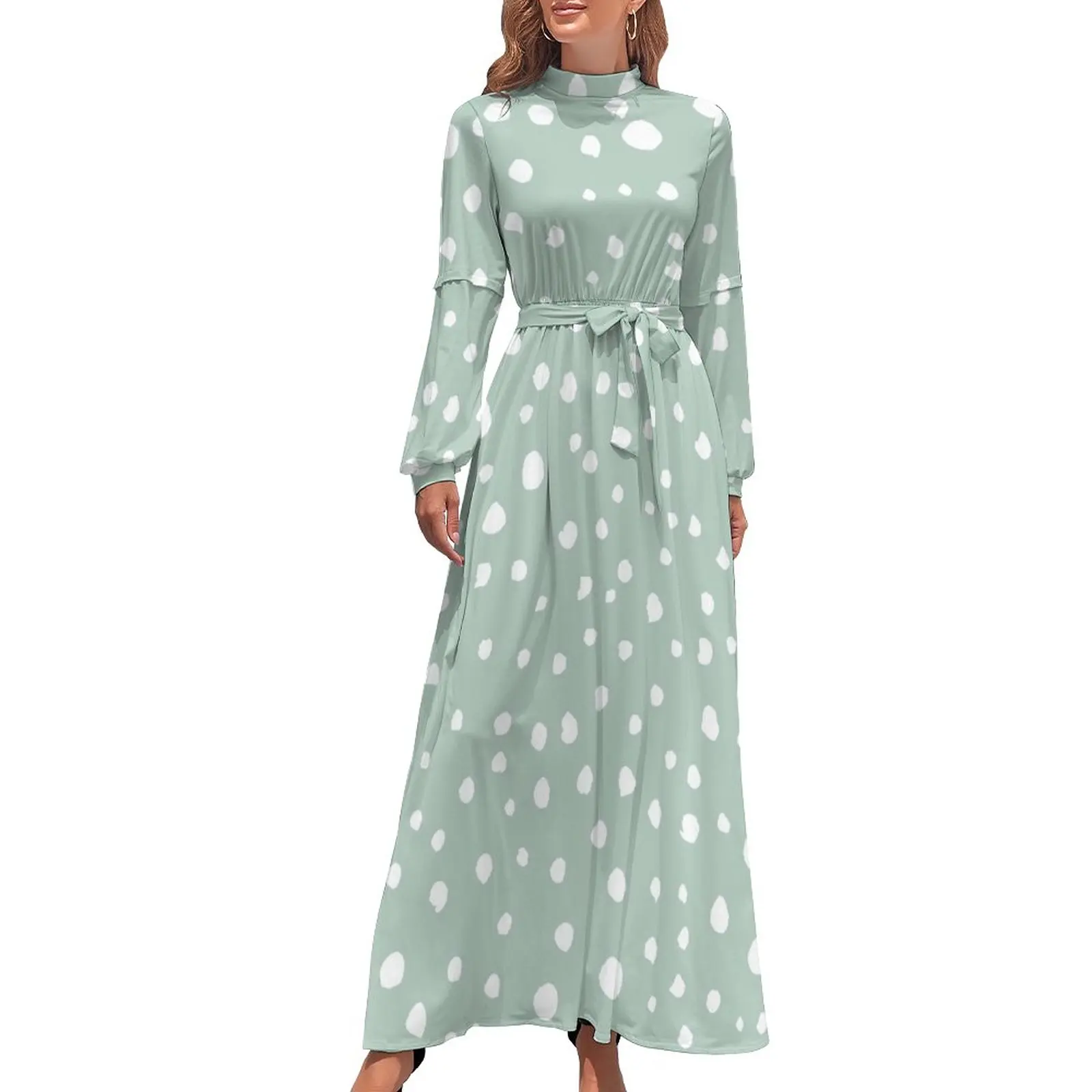 

Dalmatian Spots Dress High Waist White Dots Print Graphic Bohemia Dresses Long Sleeve Basic Long Maxi Dress Cute Vestidos