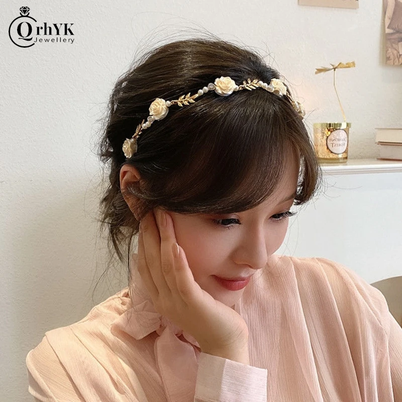 

Ladies Elegant Rose Vine Headband Hair Accessories Headdress Girls Vintage Metal Flower Pearl Red White Rose Tiara Hairbands