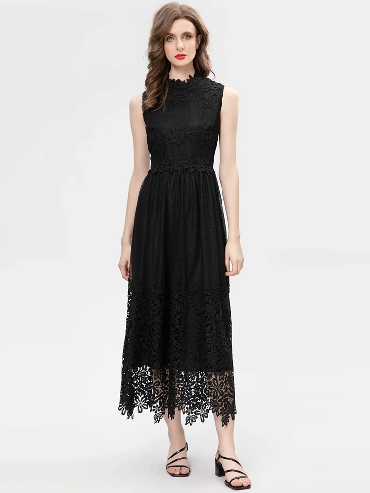 

VERDEJULIAY High Quality Lace Dress Women's Summer Black Sleeveless Flower Embroidery Hollow Out Ruffles Elegant Long Vintage