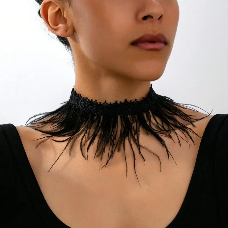 Gothic Feather Fringe Choker Necklace - Multi-Style Lace Collar with Bohemian Elegance, Y2K Statement Piece for Women