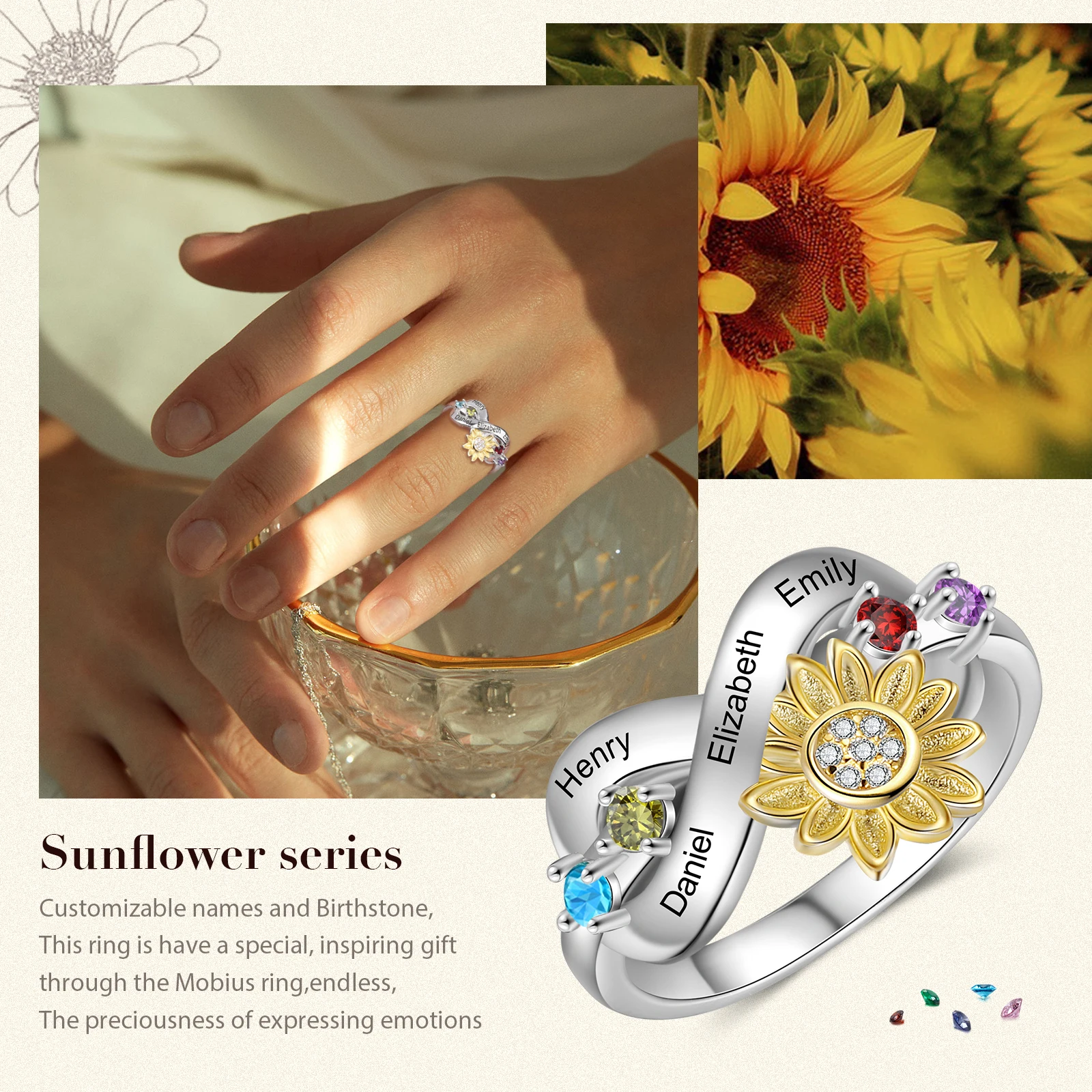 Personalized Infinity Sunflower Birthstone Rings 7 | Personalized Infinity Sunflower Birthstone Rings 6