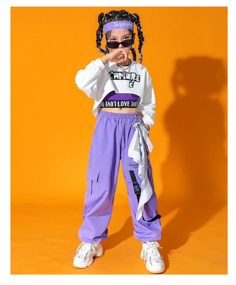 Girls Lovely Streetwear Children Hip Hop Crop Top Purple Cargo