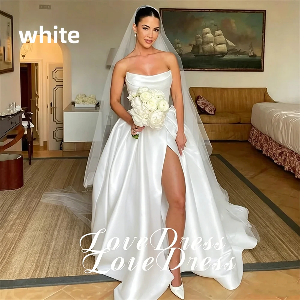 Customized Simple Stain Strapless Pleats A-Line High Side Slit Wedding Dress Pastoral Sleeveless Boat Neck Backless Lace Up 2026