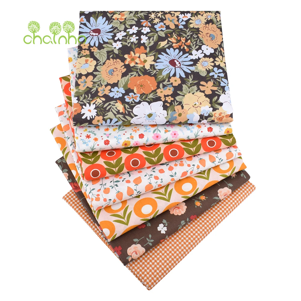 Chainho,Orange Floral Printed Twill Cotton Fabric,Patchwork Clothes,DIY Sewing Quilting Home Textiles Material For Baby&Children