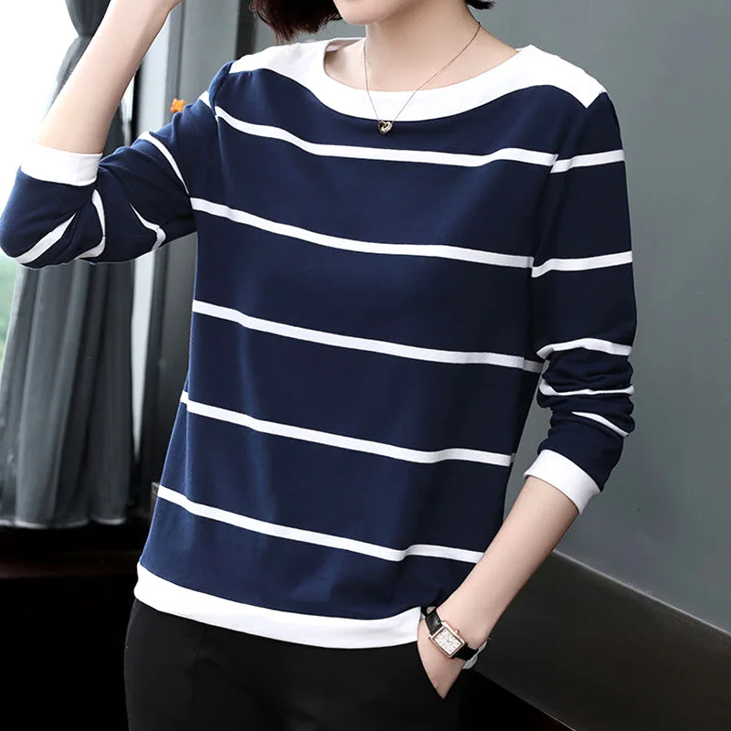 Straight Fashion Comfortable Striped Long Sleeved T-shirts Spring Autumn Casual O-neck Wild Popularity Women\'s Clothing 2022