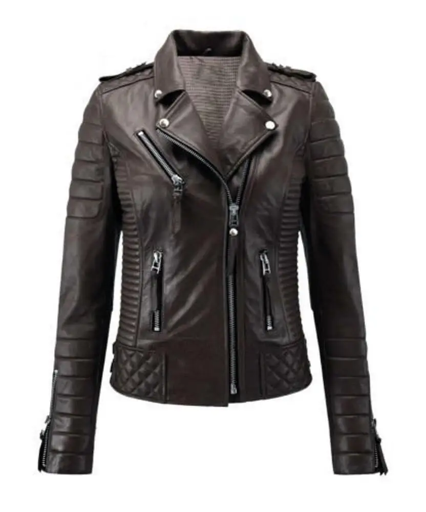 Women Leather Jacket Sheepskin Quilted Leather Motorcycle Biker Coat