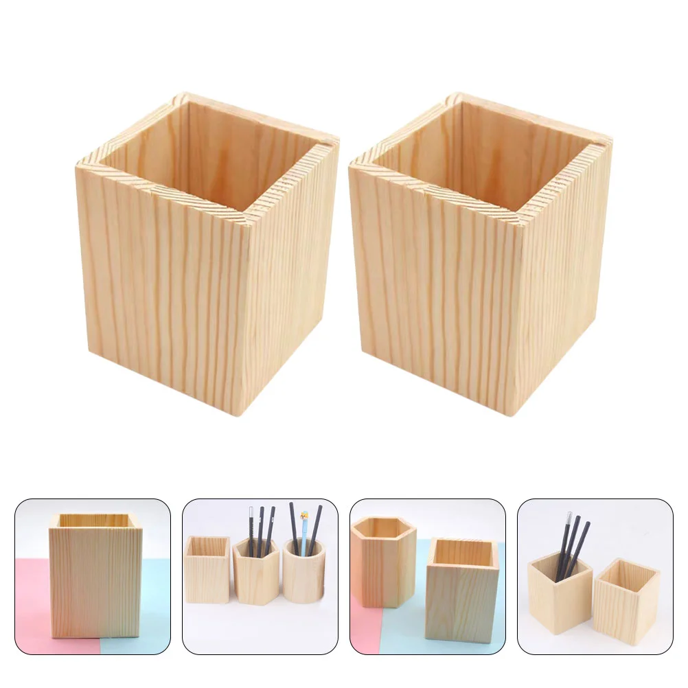 2pcs Pen Container Wooden Geometric Brush Pot Stationery Organizer Mini Flowerpot