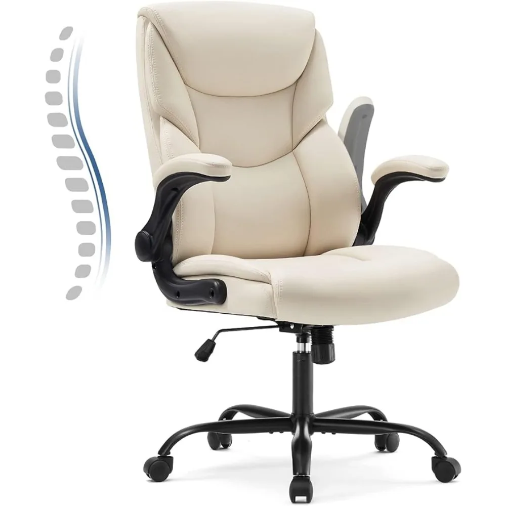 High Back Big and Tall Leather Office Desk Chairs with Flip Up Arms Lumbar Support, Adjustable Height,Wheels, Soft Padded, Cream