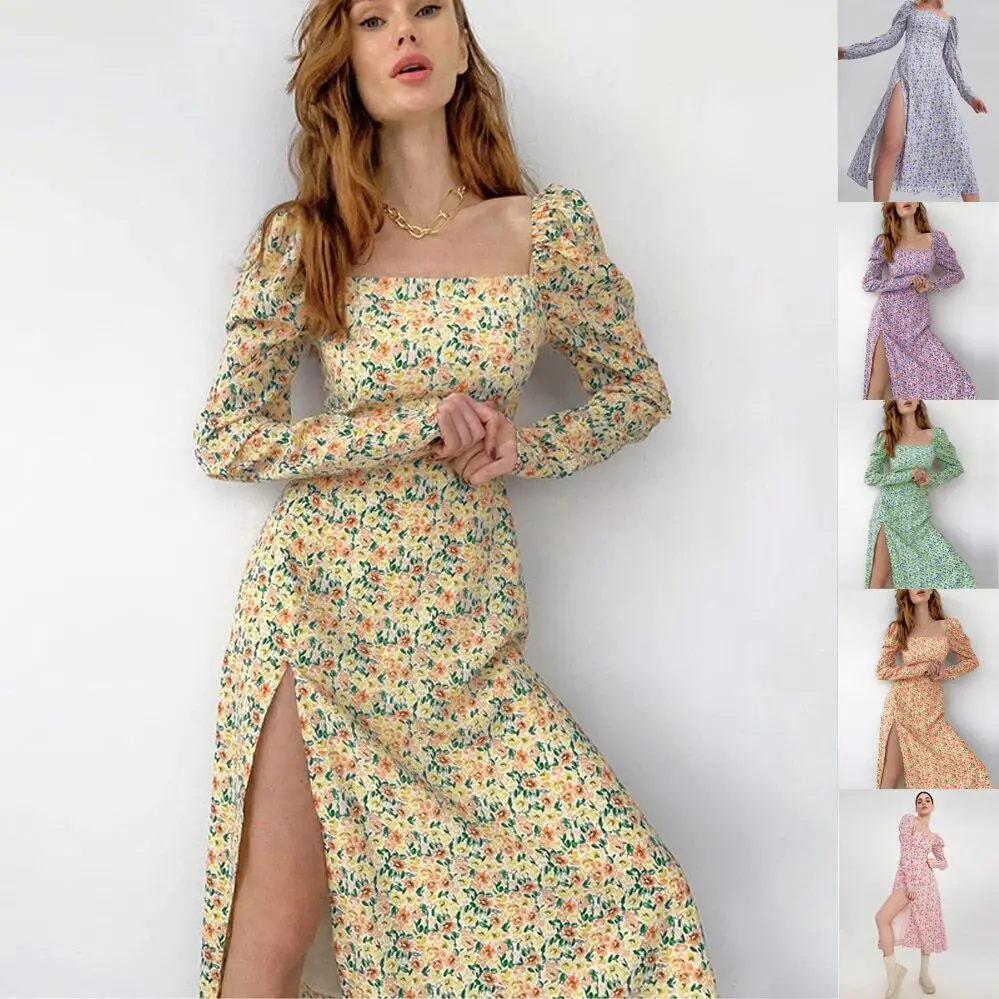 

Spring Autumn Elegant Sweet Fairy Dress Women Short Sleeve Midi Dress Korean Fashion Vintage Floral Suspender High Waist A Line