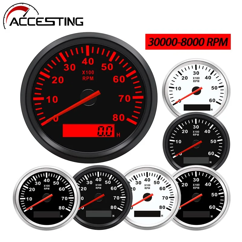 Tachometer Gauge 8K Boat Tachometer Marine Tacho Meter LCD Hourmeter 12V/24V 8000 RPM 85mm Car Tachometer Toerenteller 12v Hour Meter