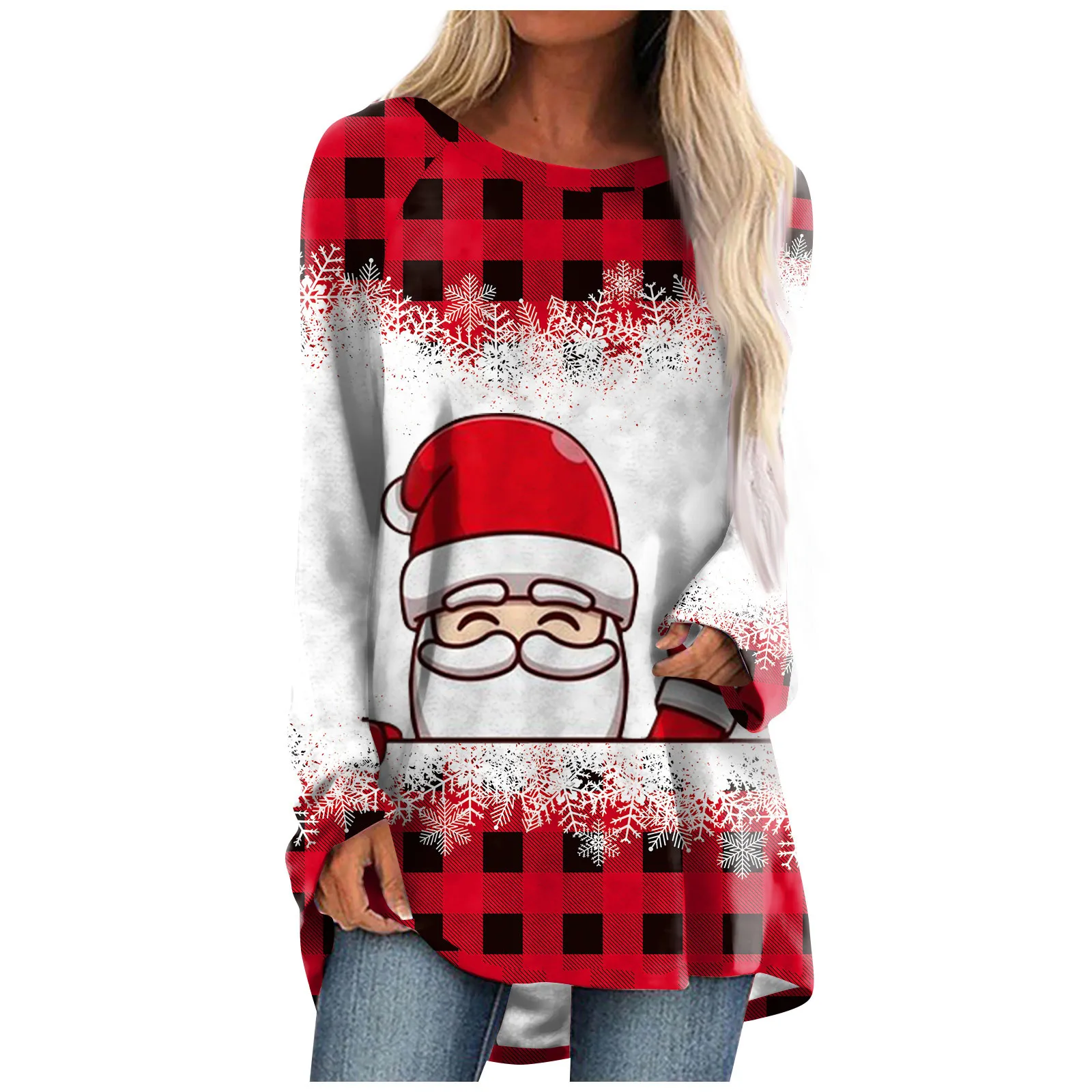 

Women's Long Sleeve T Shirt Cartoon Christmas Santa Claus Daily Graphic Sweatshirt Autumn Winter Plaid Print Round Neck Pullover