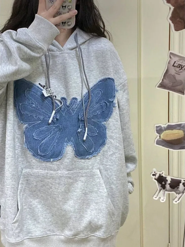 DEEPTOWN Streetwear Hooded Sweatshirt Women Vintage Long Sleeve Loose Bufferfly Patchwork Hoodie Autumn Winter Fashion Coat