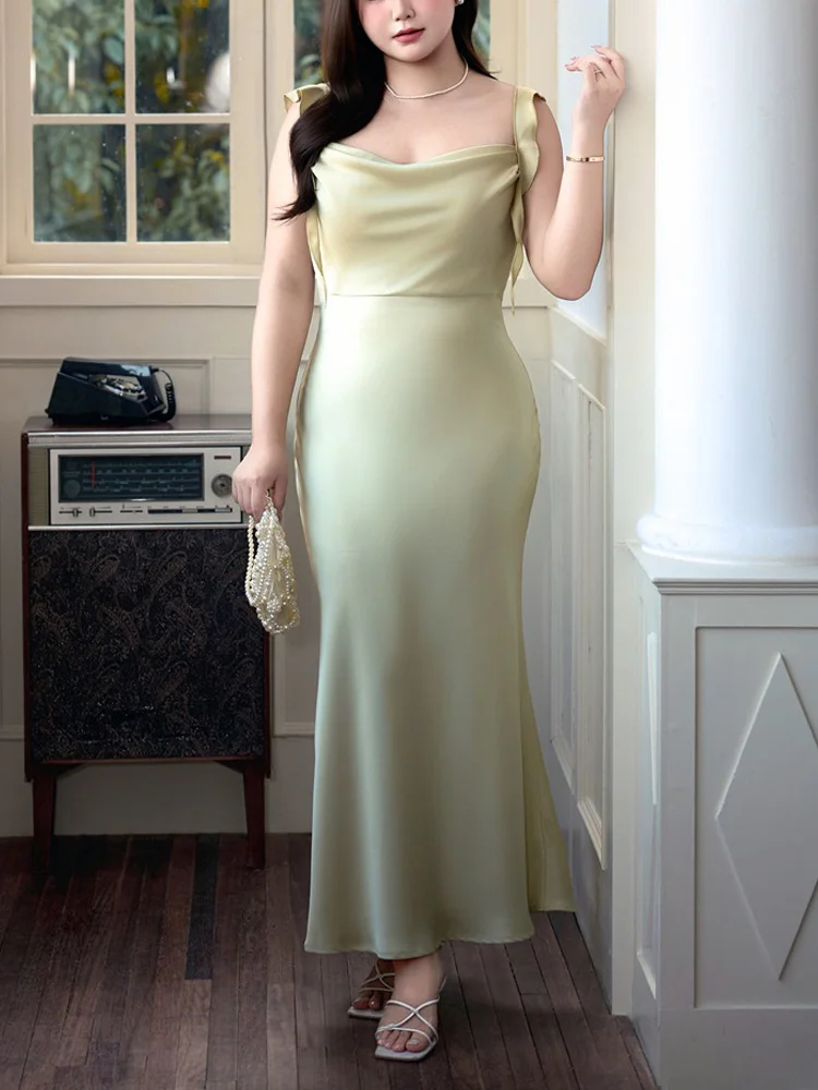 Ribbon Satin Swing Collar Plus Size Women Spaghetti Strap Mermaid Dresses Premium Backless Slim Fishtail Fairy Dress