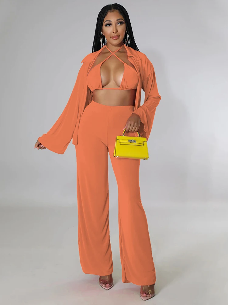

Fashion Holiday 3 Piece Sets Womens Outfits Y2K Clothes Halter Cleavage Bra+long Sleeve Cardigan+wide Leg Long Pants Beachwear