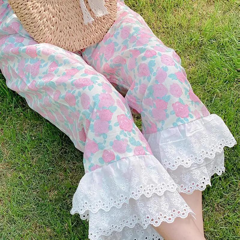 2024 Spring Summer New Women's Printed Spliced Lace Sleeping Pants High Waist Loose Sweet Casual Home Clothing Wide Leg Trousers