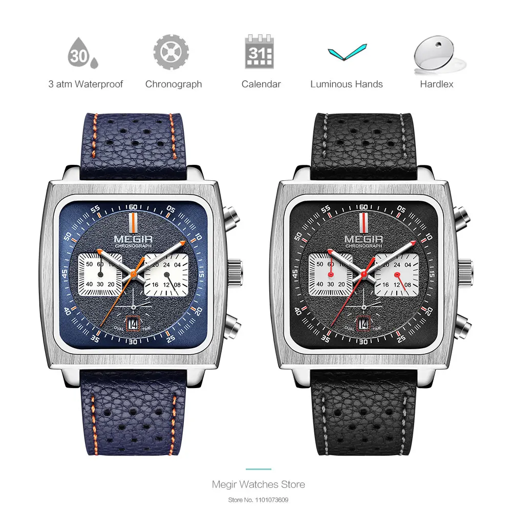 MEGIR Men's Blue Square Dial Chronograph Watch - Casual Sport Leather Strap, Quartz Movement, Date Display, 3ATM Waterproof
