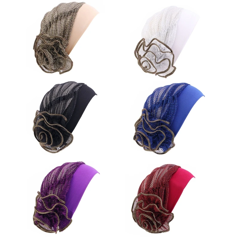 

Muslim Flower Turban for Head Wrap Beanie Cap Soft Smooth Polyester Turbans Glitter Elegant for Head Scarf Mother's Dropship