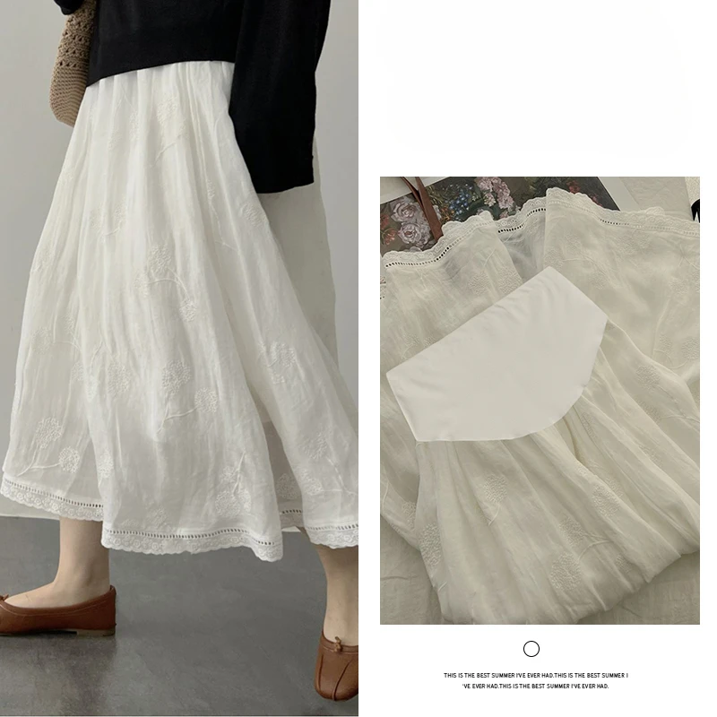 Spring Maternity Cotton Linen Belly Skirts with Floral Embroidery Good Quality Pregnancy Midi Skirt Sweet A-line Skirt