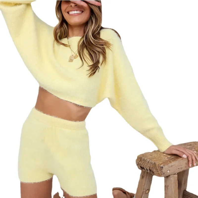 Casual Outfits For Women Matching Sets Fashion Solid Long Sleeve Sweater + Knitted Shors Sets Two Piece Set Women's Tracksuits
