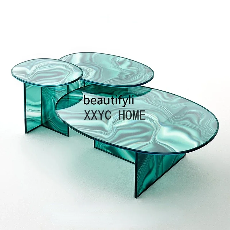 

Fashion Designer Ins Living Room Bedroom Dream Flowing Color Water Ripple Glass Tea Table Side Table