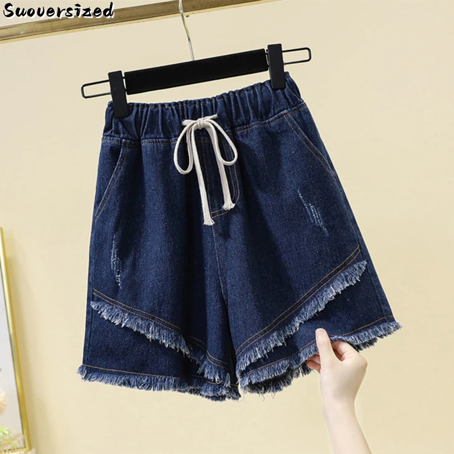 

Wool Edge Design Short Baggy Jean Women Blue Pantalones Cortos Elastic High Waist Vaquero Oversize 4xl Loose Wide Leg Denim Pant