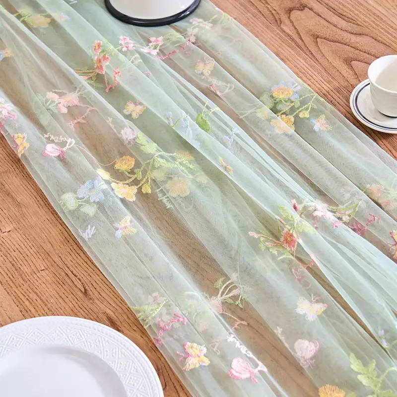 Flower Butterfly Embroidered Lace Table Runner Soft Dining Table Decoration for Wedding Party French Romantic Gauze Table Cover - Image 6