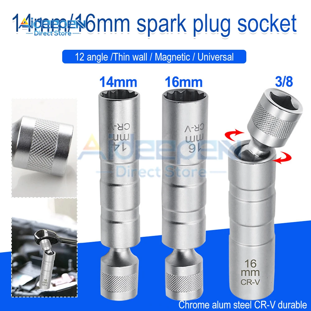 14mm Magnetic Swivel Spark Plug Socket | 3/8 Drive Thin Wall Spark Plug Wrench | 12-Point Removal Tool For Vehicles