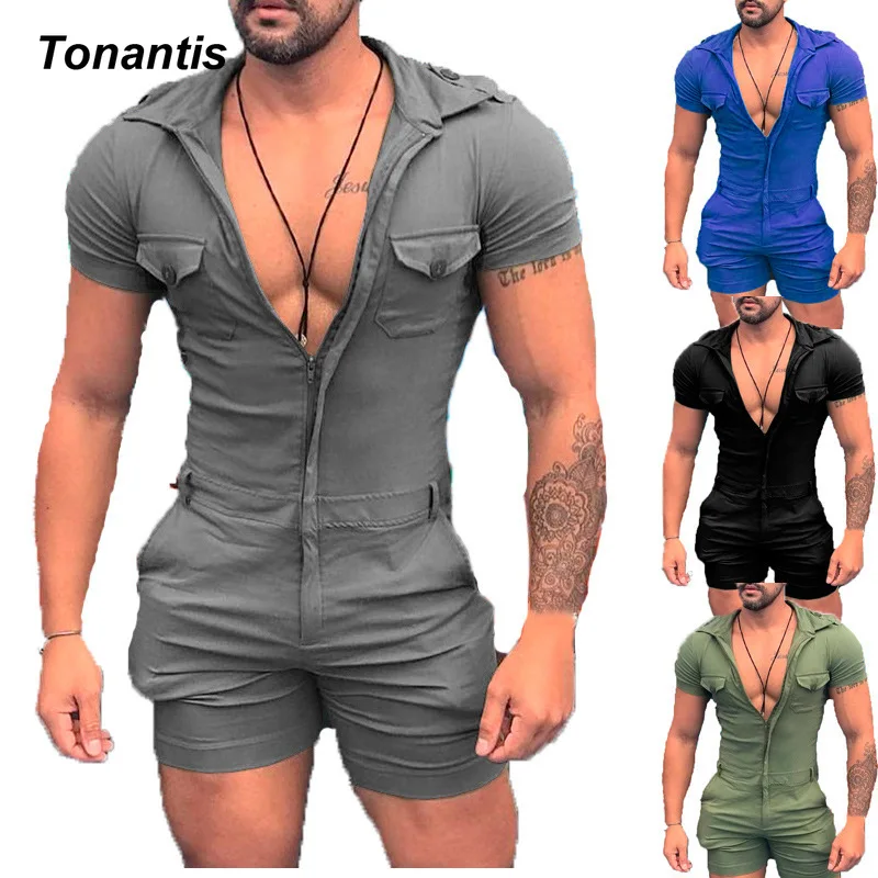 Fashion Cotton Men's Jumpsuit Summer Zipper Solid Color Short Sleeve Overalls Casual Streetwear Work Men's Bodysuit Y2K Clothing