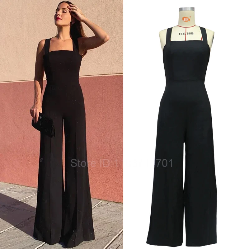 

2024 New Women's Elegant Jumpsuit Spaghetti Sleeveless Backless Wide Leg Pants Fashion Solid Evening Party Formal Rompers
