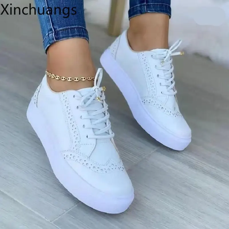 New Women Flat Casual Sneaker Spring Lace Up Sports Solid Color Walking Shoes 5
