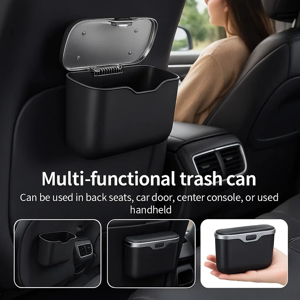 새로운 미니 차량용 쓰레기통 뚜껑이 있는 휴대용 쓰레기통 자동차 사무실 가정용 휴대용 쓰레기통 자동차 보관함 액세서리