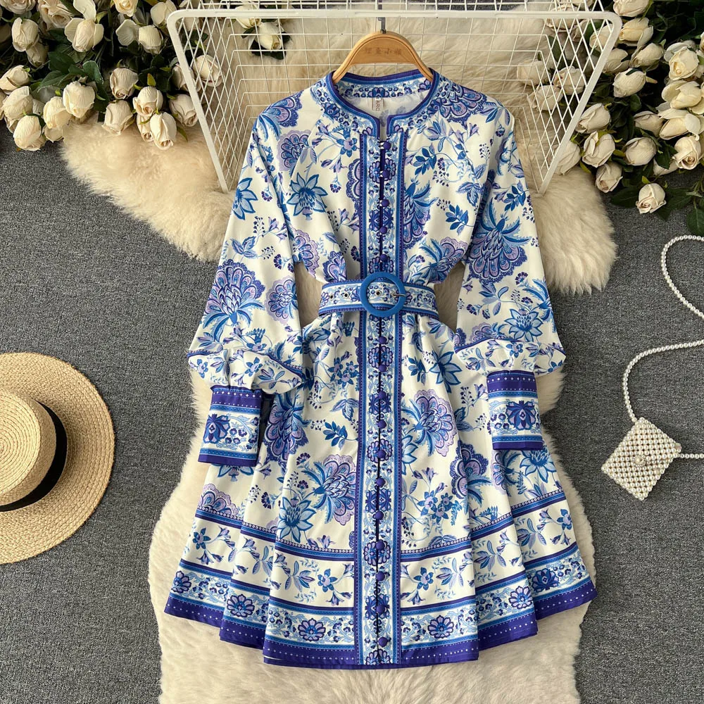 Aleah Lantern Sleeve Single Breasted  Lace-Up Vintage Mixi Dress