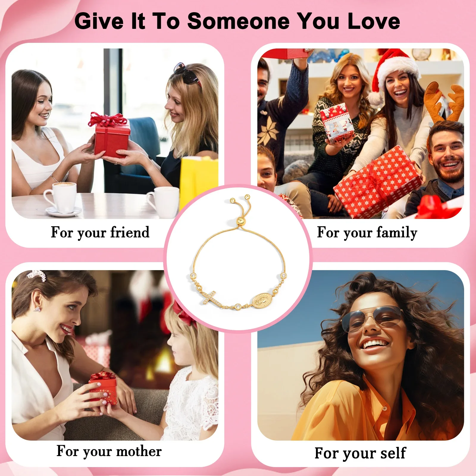 CZ Crystal Bracelet for Women Girls Gold Plated 925 Sterling Silver Religious Cross and Virgin Mary Prayer