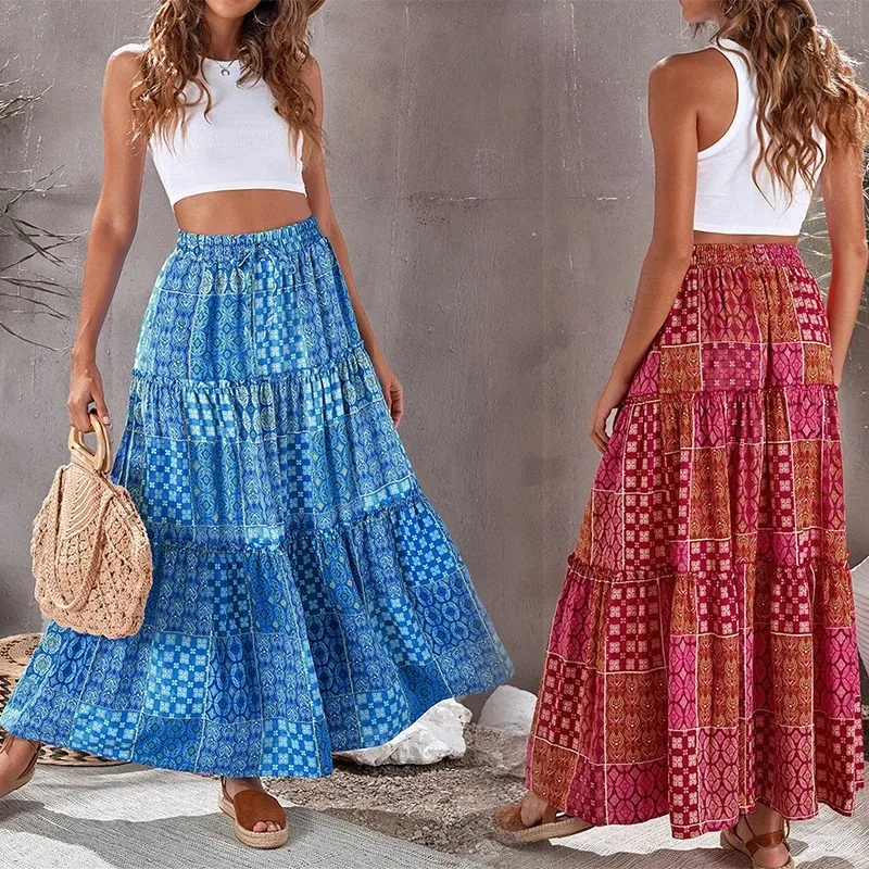 Bohemian Beach Skirt Vintage Ruffle Loose A-line Skirt Elastic High Waist Printed Summer 2025 New 8626