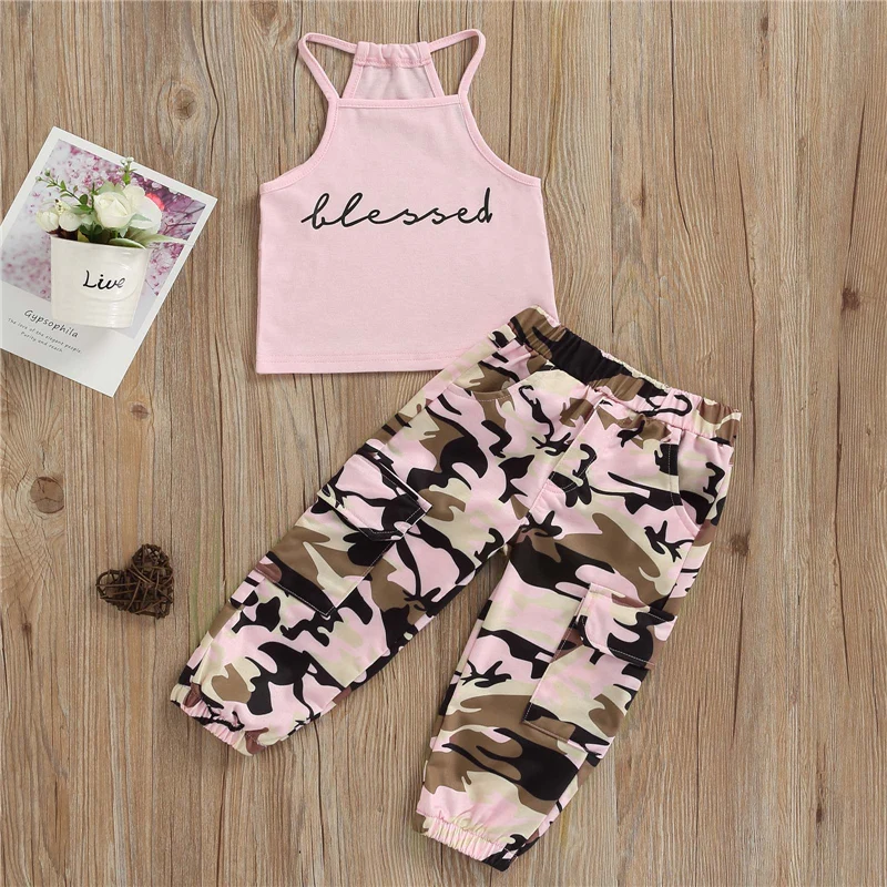 Kid Girls Long Pants Outfits Sleeveless Letter Print Sling Tank Tops+Elastic Waist Camouflage Pattern Pockets Pants Set 1-6Years