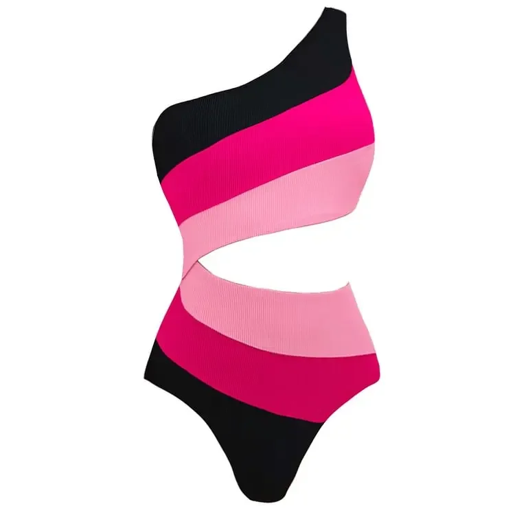 

2024 Cutout Color Block One Piece Swimwear Women Vacation Beachwear Luxury Bathing Suit Bodusuit