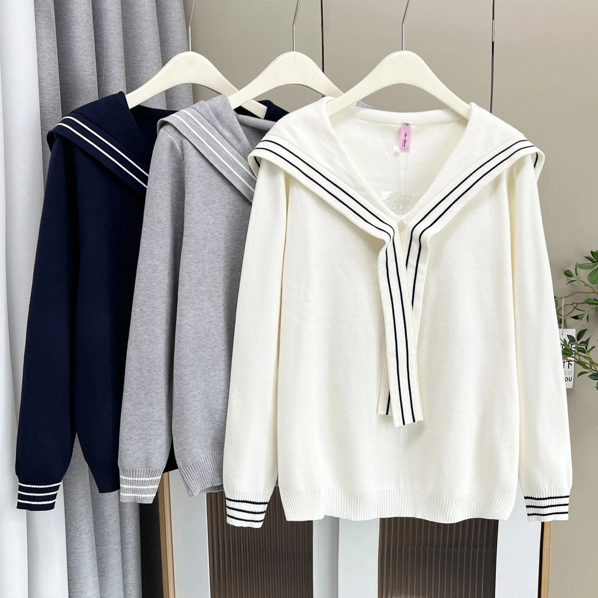 XXXXL Fashion Plus Size Women's Sweaters New Autumn Style Of Youthful Ribbon Sailor Collar Knitted Jumpers 5196