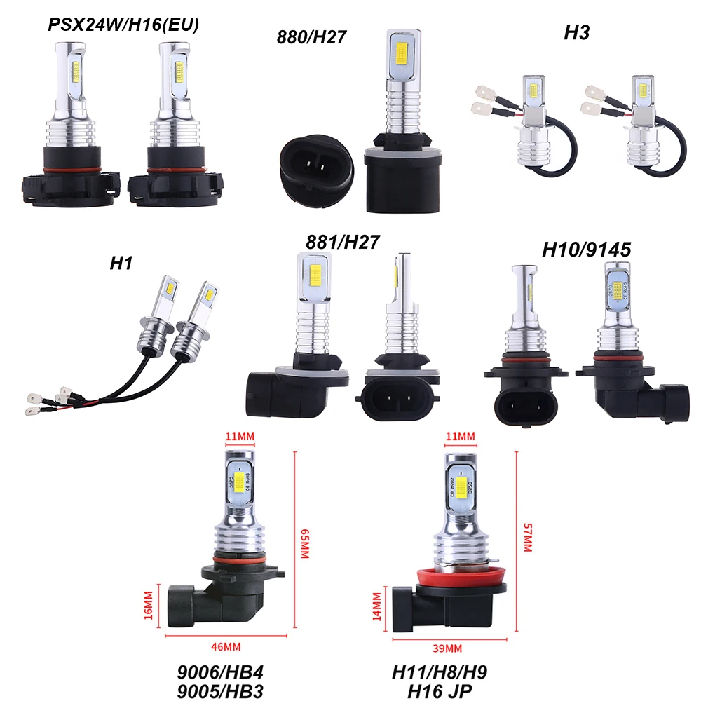 주행용 자동차 램프 자동 전구, H8, H11, H16, HB4 LED 전구, HB3, 9006, PSX24W, 881 조명, 2200LM, 6000K, 흰색, 2 개
