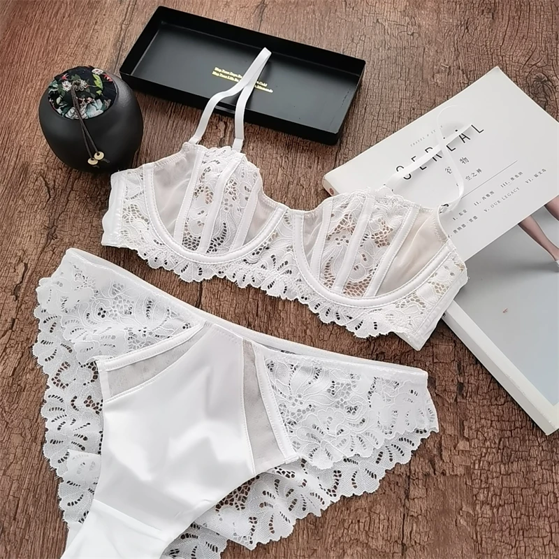 Französisch Sexy Aushöhlen Ultra Dünne Spitze Große Größe 70-90 BCD Push Up  Bh Und Panty Set Frauen unterwäsche Transparent Dessous - AliExpress