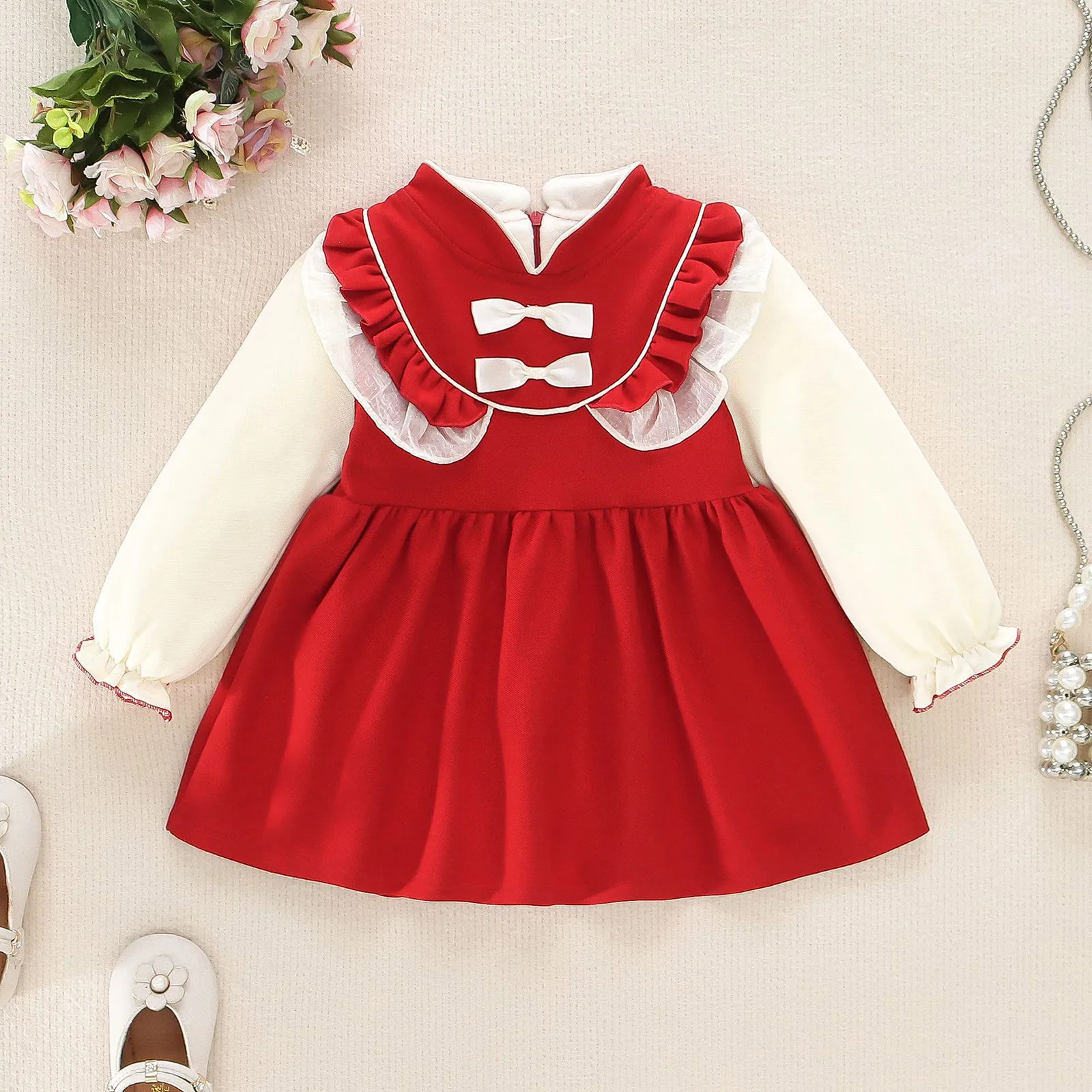 

Autumn and Winter New Thickened Ruffled Red Baby Girl Dress Christmas Sweet Bow Children's Long Sleeve Clothing New Year Outfits