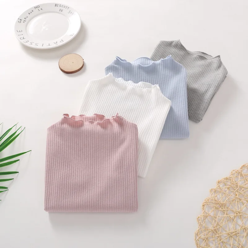 Autumn Girl Baby Floral Dot Long Sleeves Bottoming Shirt Children Ribbed Ruffle Thin T-shirt Kid Cotton Solid Thin Casual Tees 2