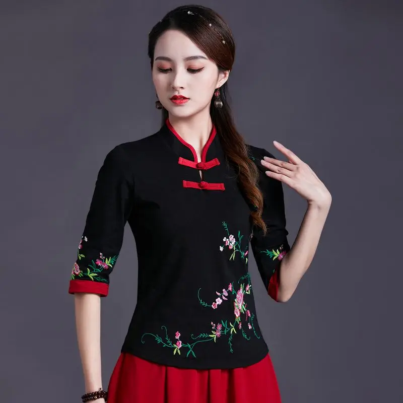 Cheongsam Women's Plus Size Tops Autumn Cotton Blend Splicing Embroidery Half Sleeve Chinese Style Retro Qipao Shirts Woman