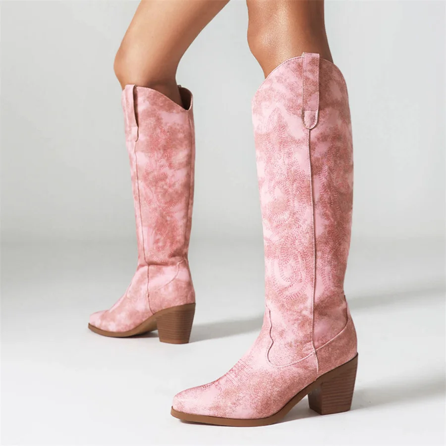 

Western Cowboy Knee High Women Boots 2023 Pointed Toe Thick High Heeled Embroider Autumn Winter Trendy Woman Shoes Dropshopping