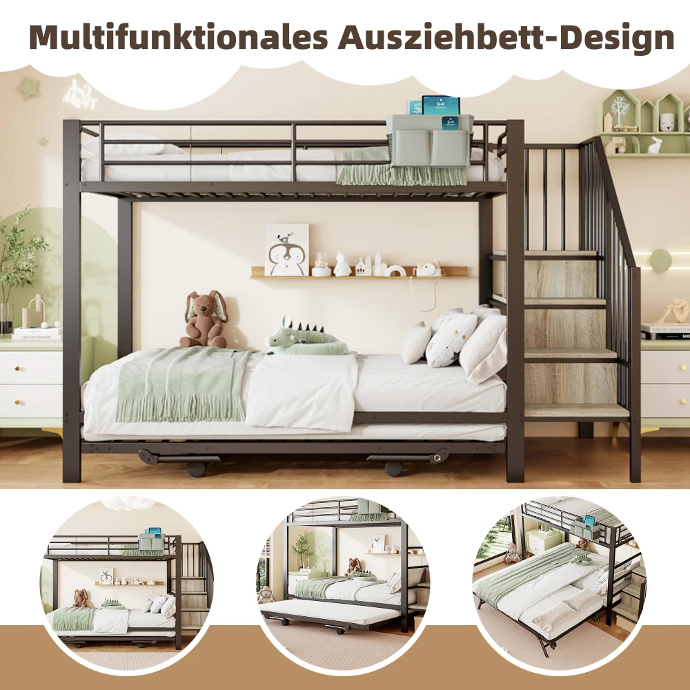Schwarzes Metall-Eisenrahmen-Etagenbett 90×200 180×200cm Multifunktionales Ausziehbett mit Aufbewahrungstreppen & Stofftasche Platzsparend – Detail 2